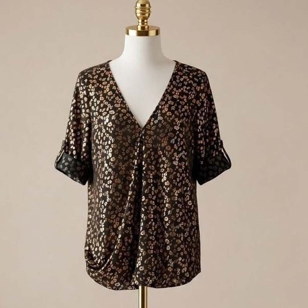 BloomChic Size 12 Large Gold Metallic Leopard Blouse Top adjustable 3/4 Sleeve